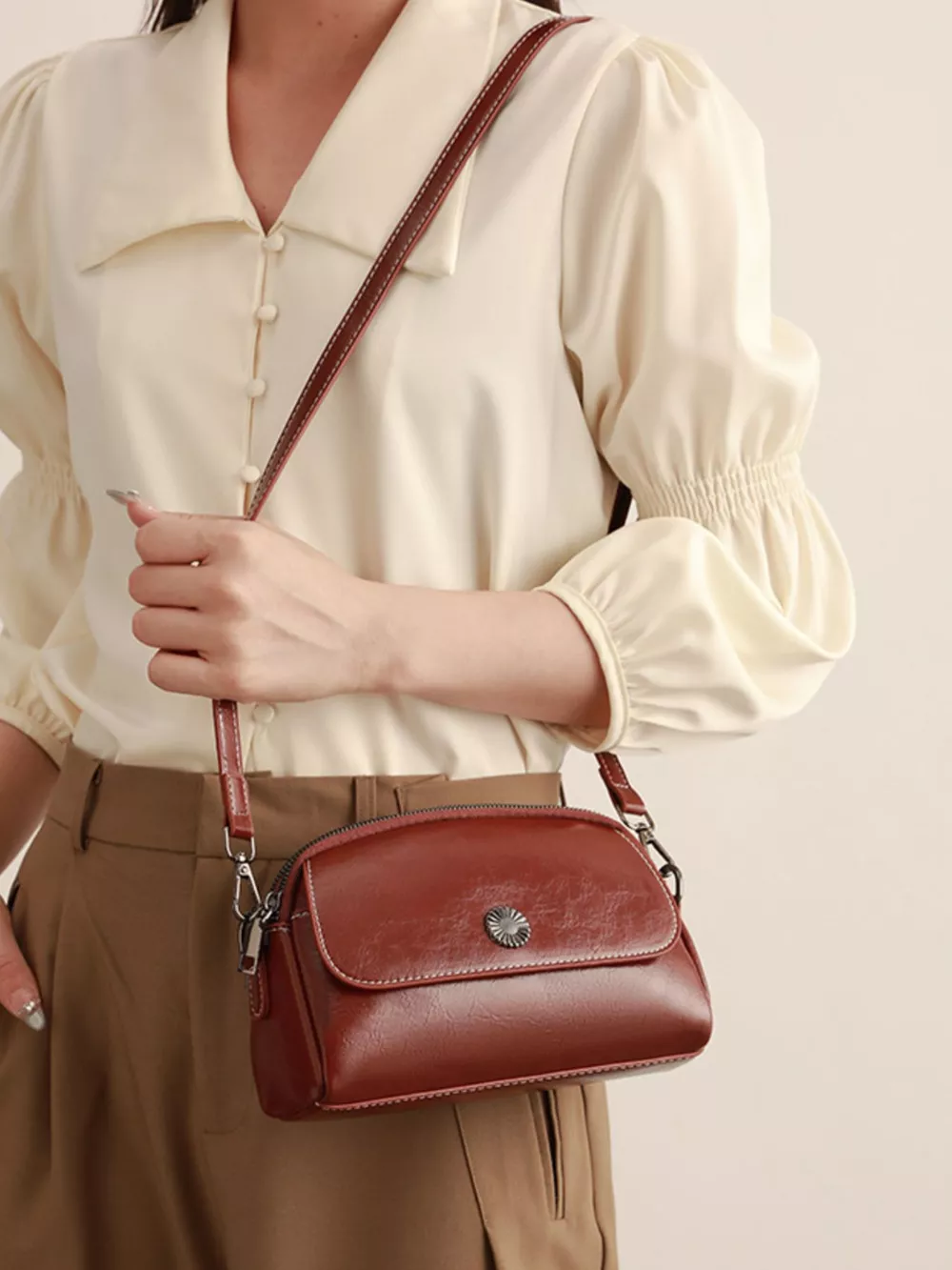 PU Leather Crossbody Bag with Metal Emblem Detail, image 4