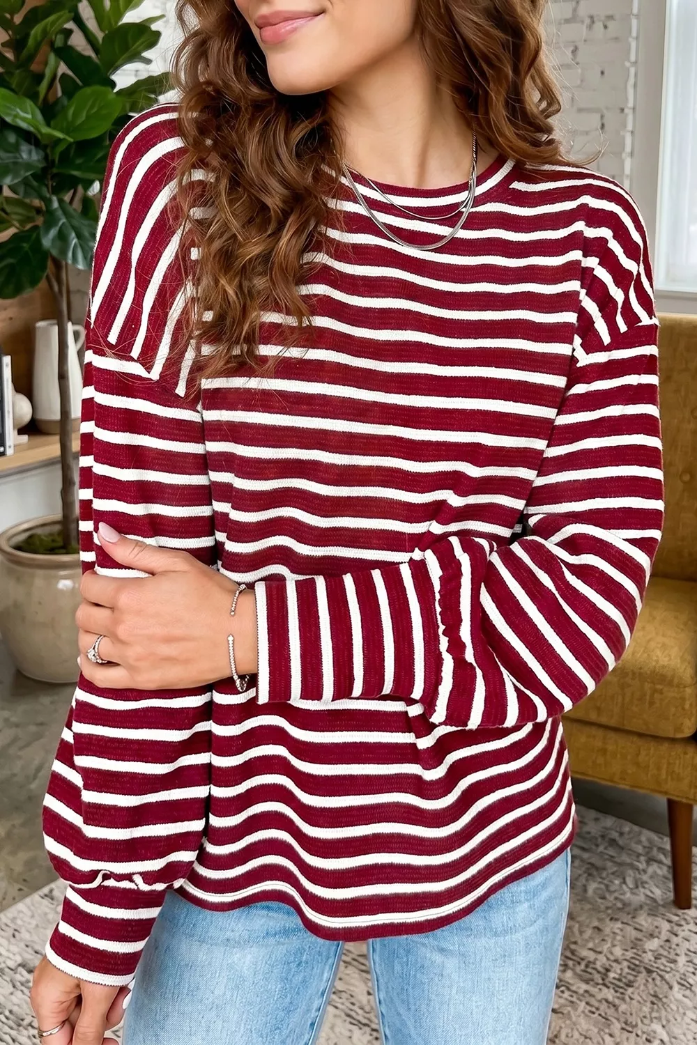 Stripe Drop Shoulder Long Sleeve Top, image 5