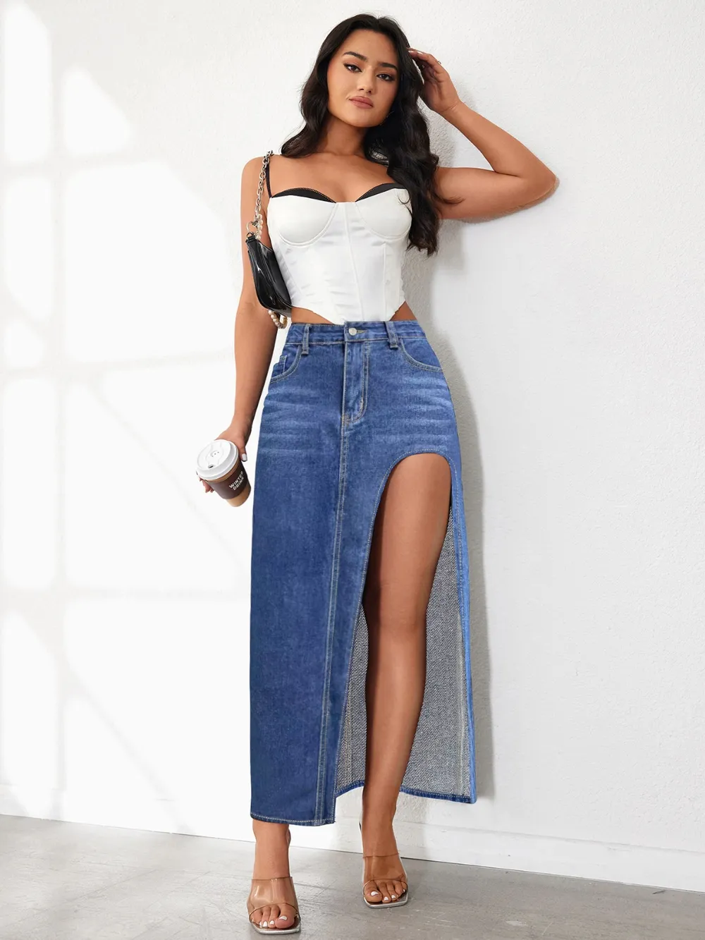 High Rise Slit Denim Skirt, image 9