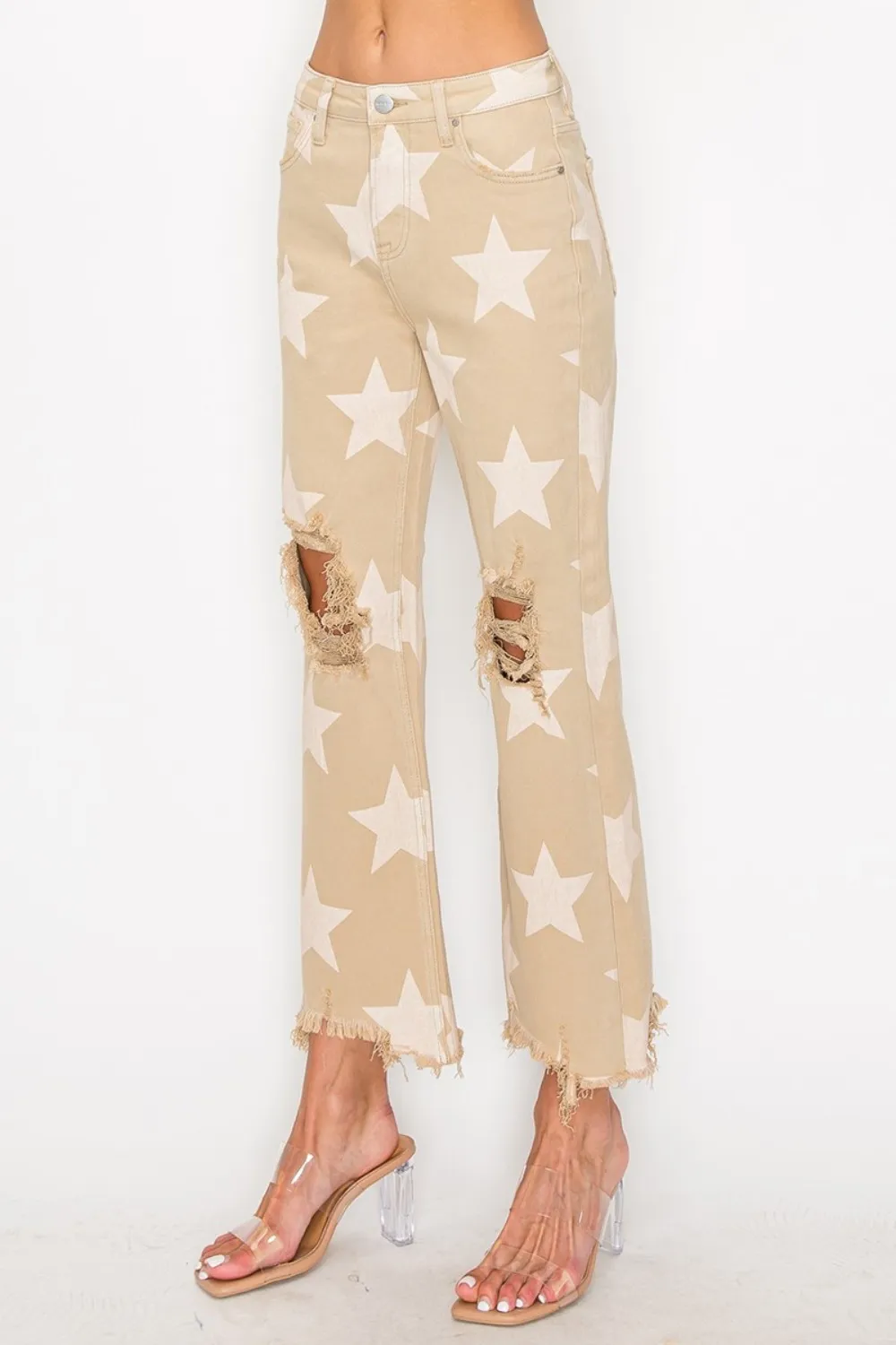 Full Size High Rise Star Printed Frayed Hem Jeans, image 7