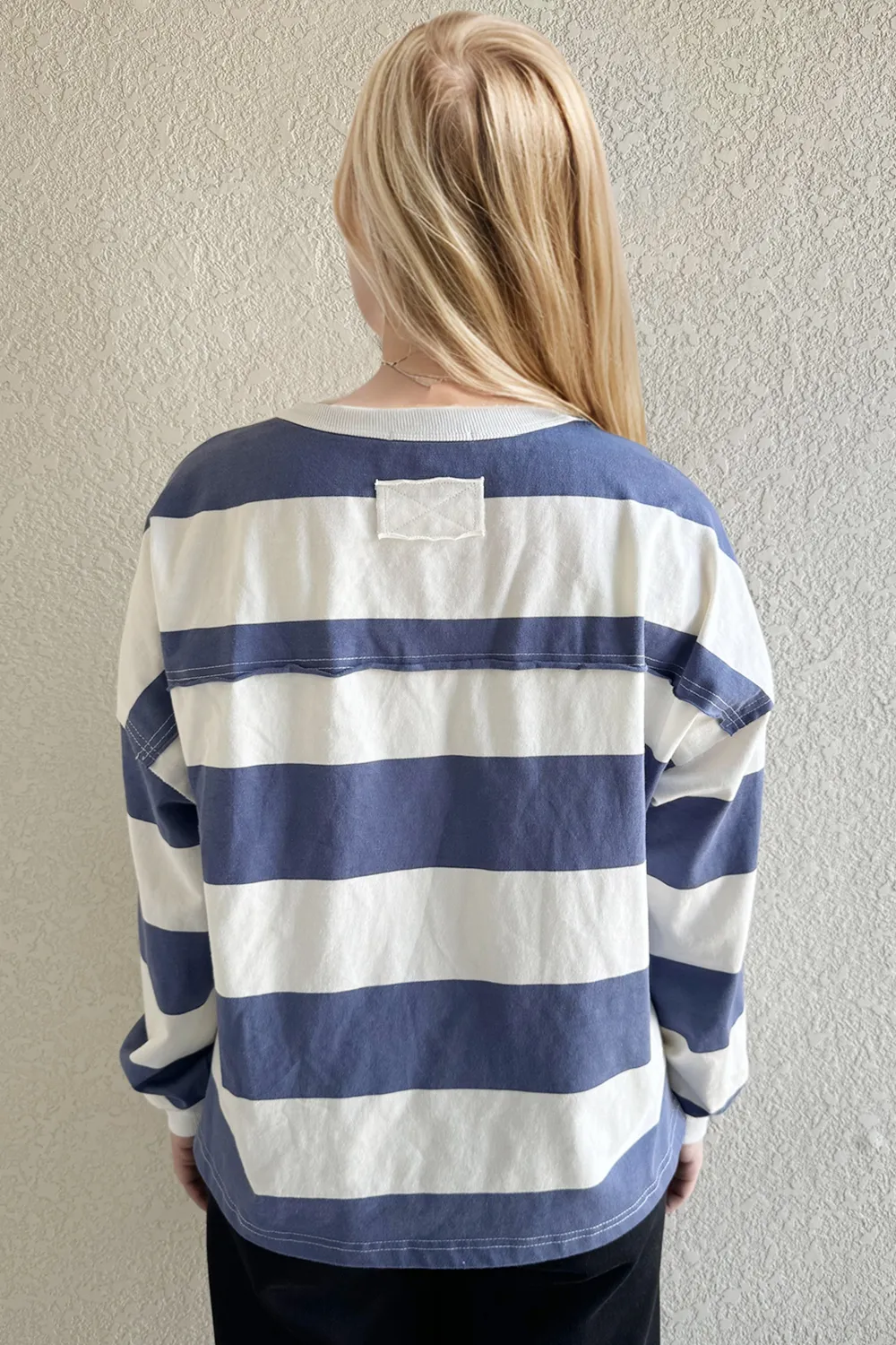 Pima Cotton Wash Exposed Seam Contrast Striped Round Neck Long Sleeve T-Shirt, image 3
