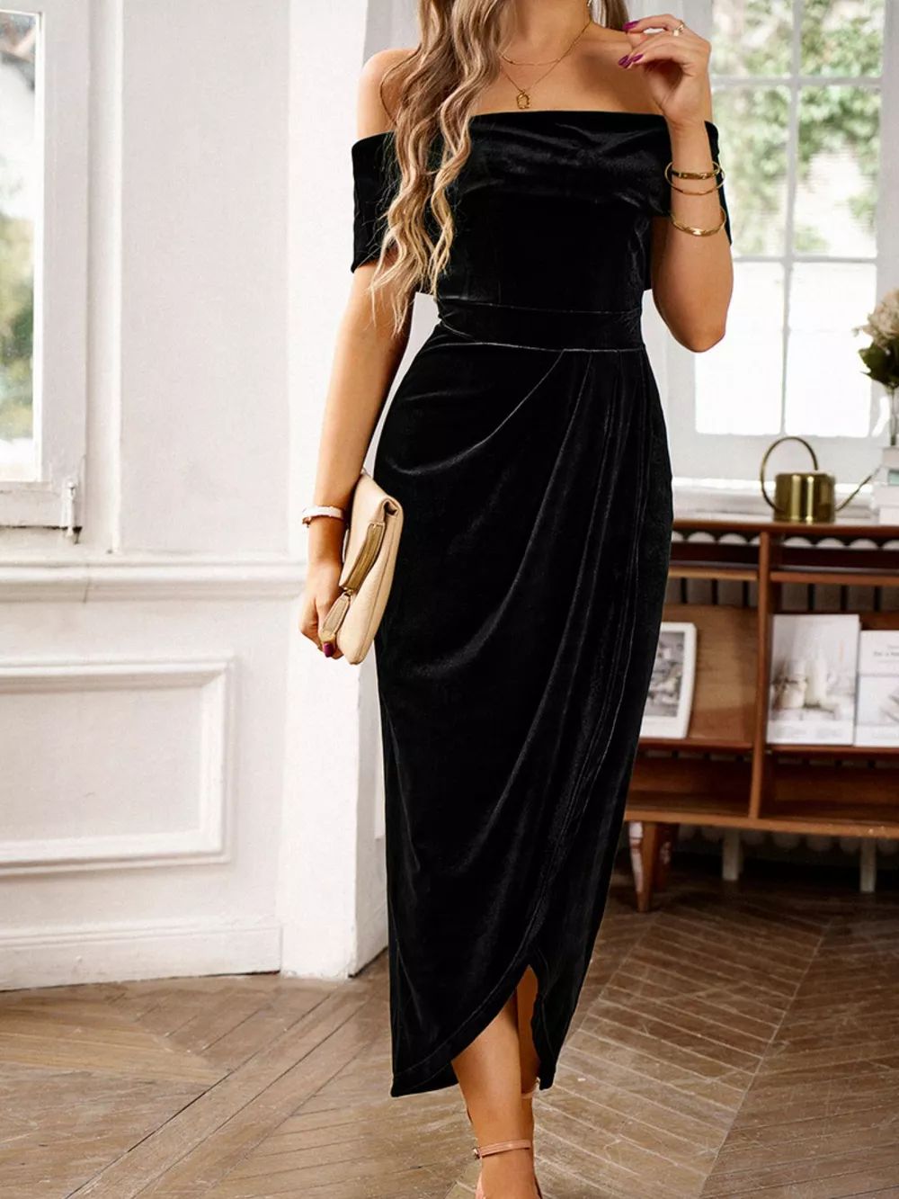 Velvet Off-Shoulder Ruched Midi Dress, image 26