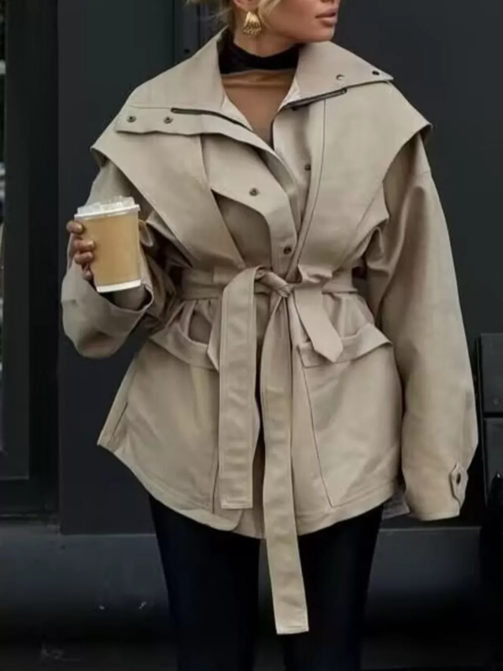 Tie Waist Snap Down Trench Coat, image 5