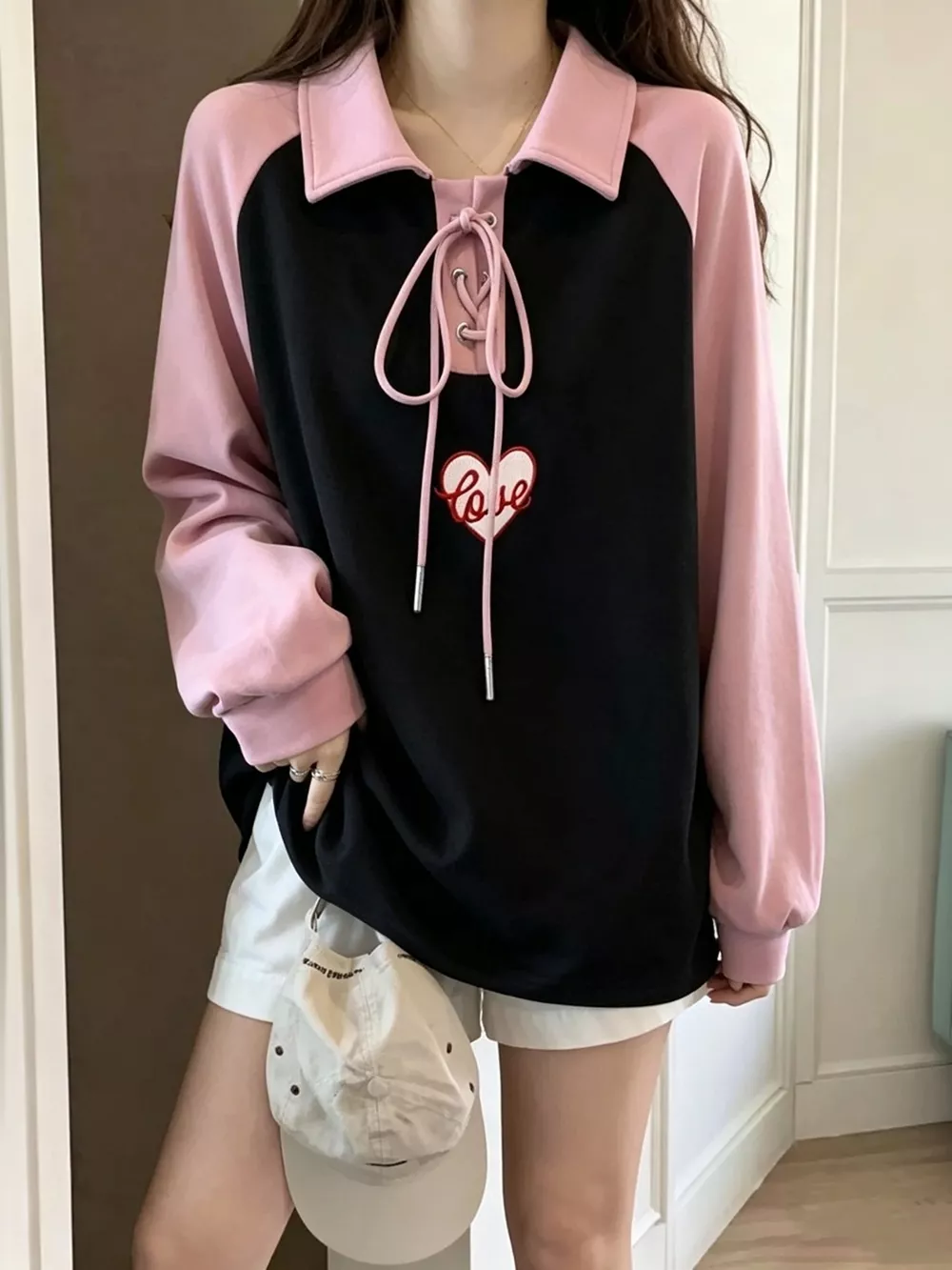 Heart Embroidery Lace-Up Detail Polo Collar Sweatshirt, image 3