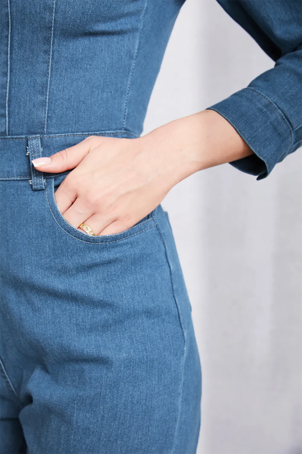 Snap Down Denim Jumpsuit with Pockets, image 9