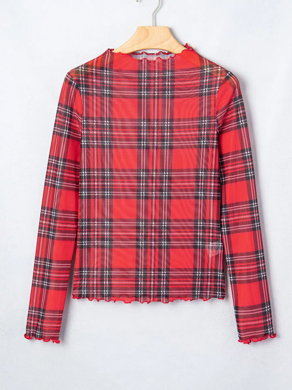 Sheer Plaid Mock Neck Long Sleeve Blouse, image 5