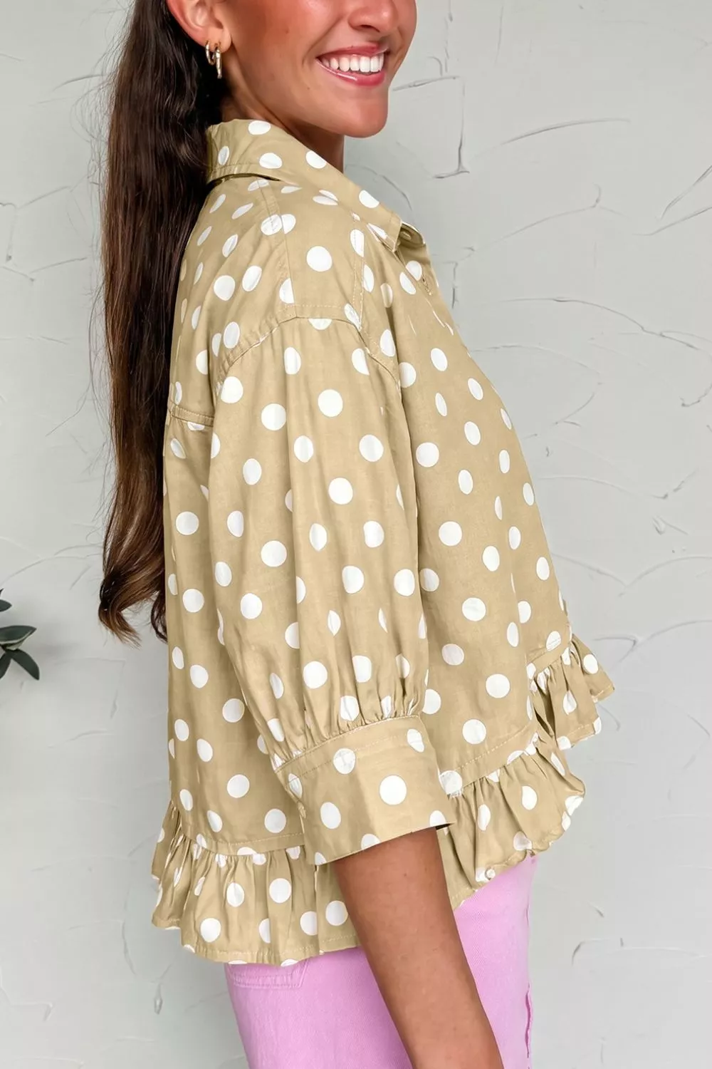 Polka Dot Print Three‑Quarter‑Sleeve Ruffle Hem Casual Shirt, image 10