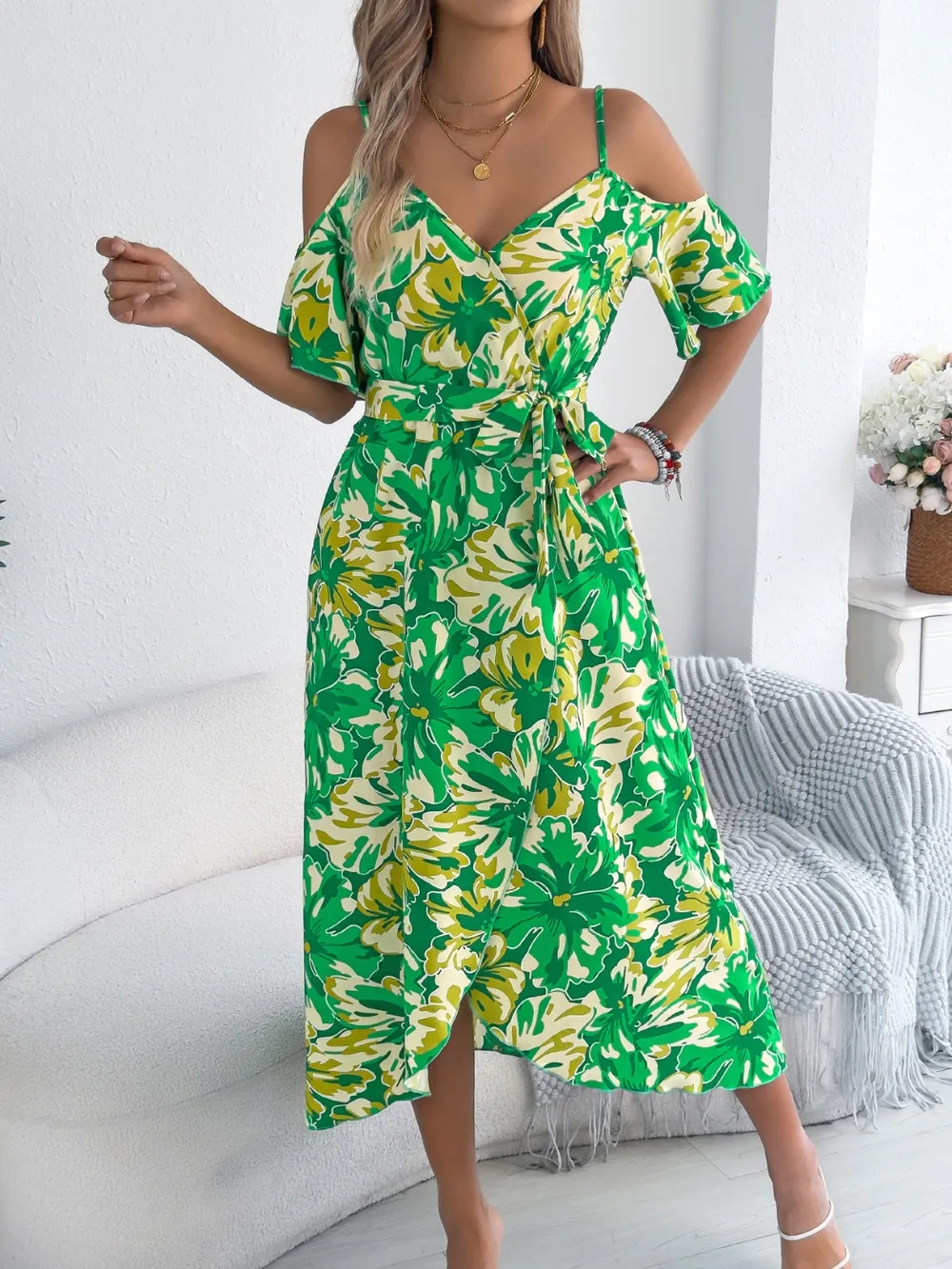 Printed Cold Shoulder Midi Cami Dress, image 12