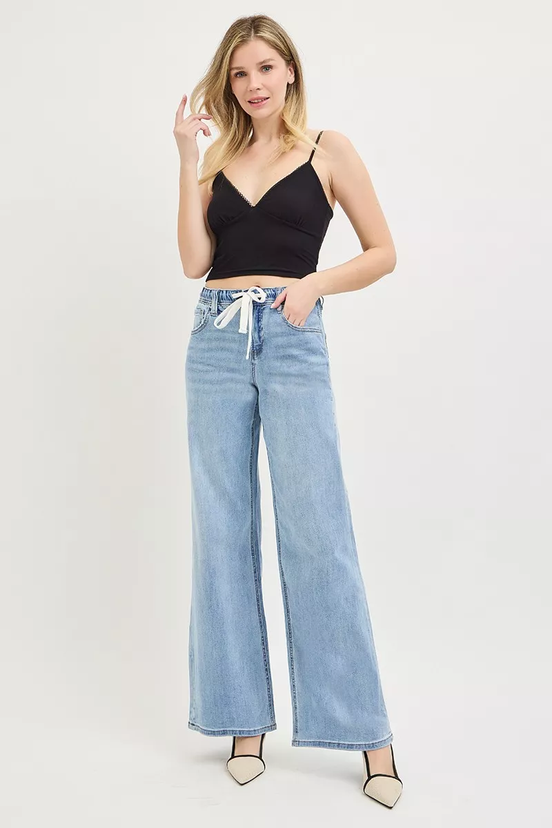 Elastic Band Slouchy Wide Jeans with Drawstring, image 6