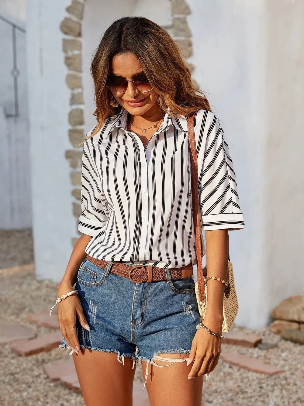 Striped Collared Neck Half Sleeve Shirt, image 3