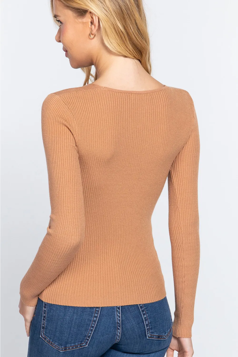 V-Neck Fitted Viscose Rib Knit Top, image 2