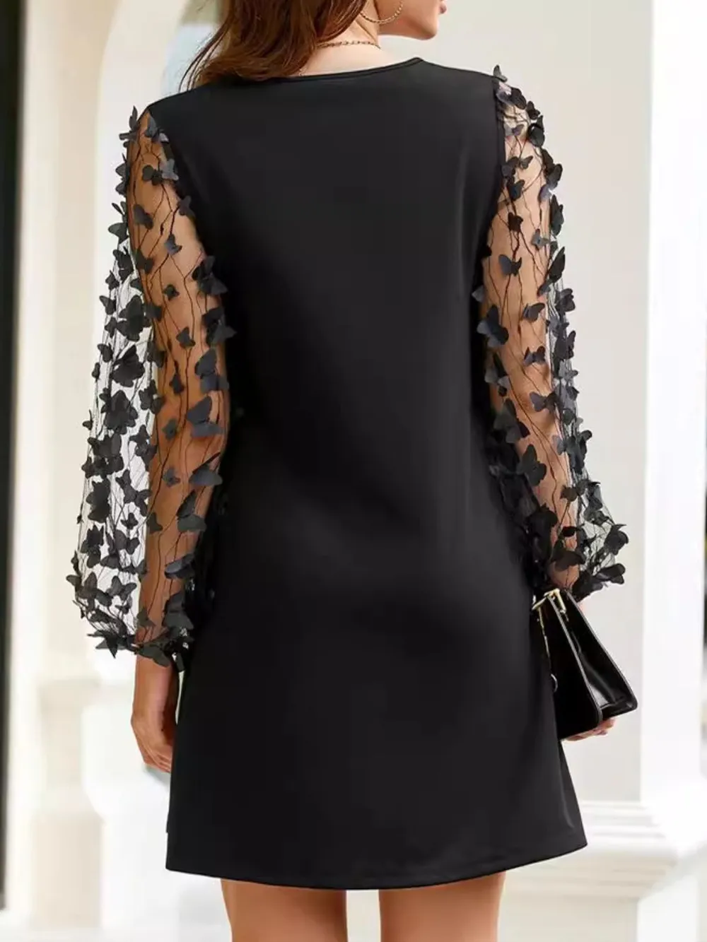 Round Neck Butterfly Mesh Long Sleeve Mini Dress, image 3
