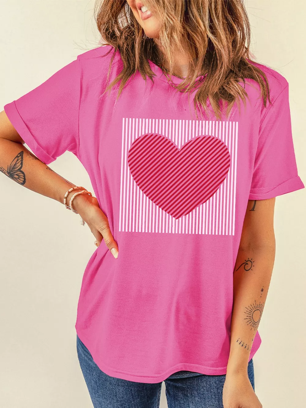 Contrast Striped Heart Printed Valentines Day T Shirt, image 4
