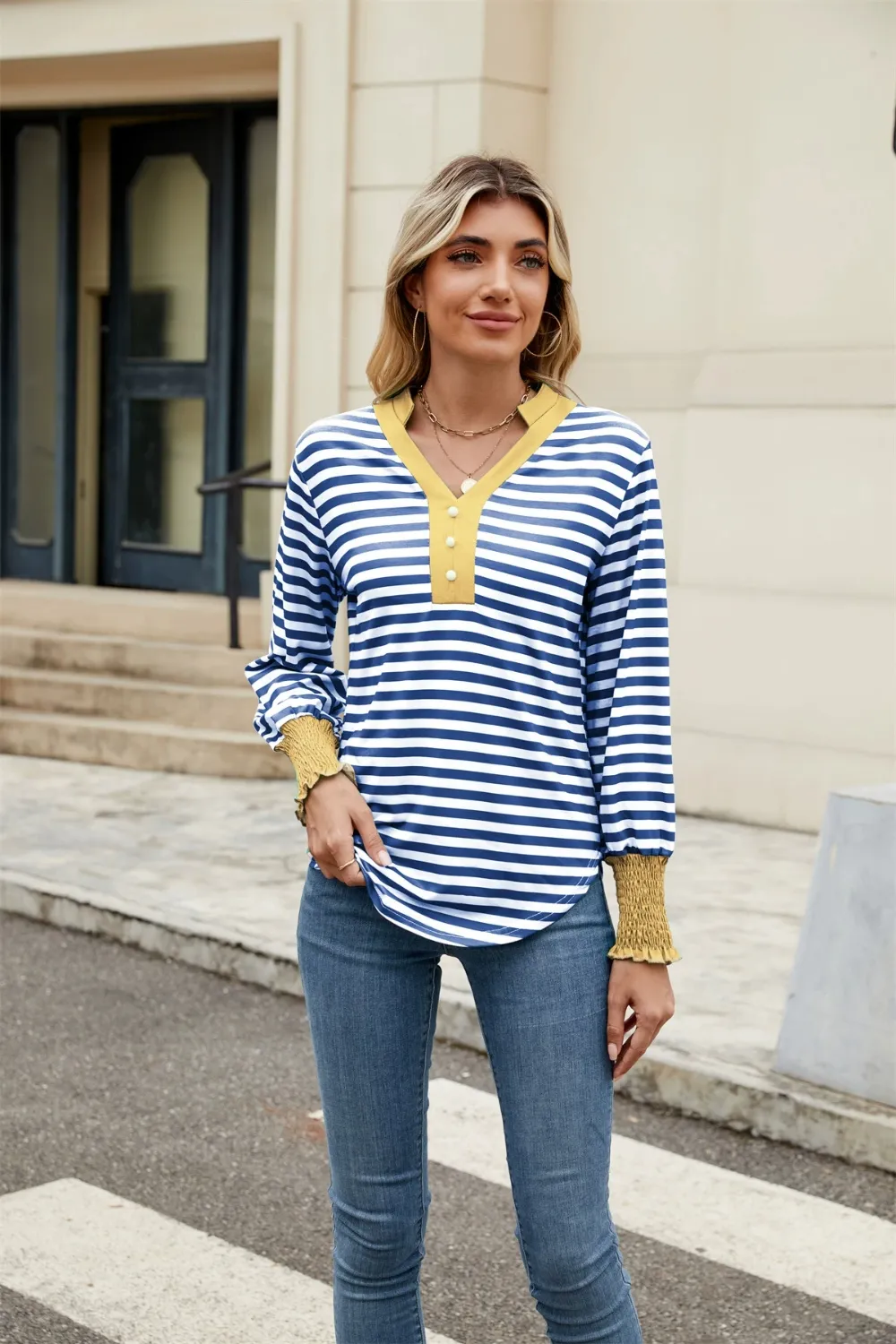 Contrast Striped Notched Long Sleeve Top, image 9