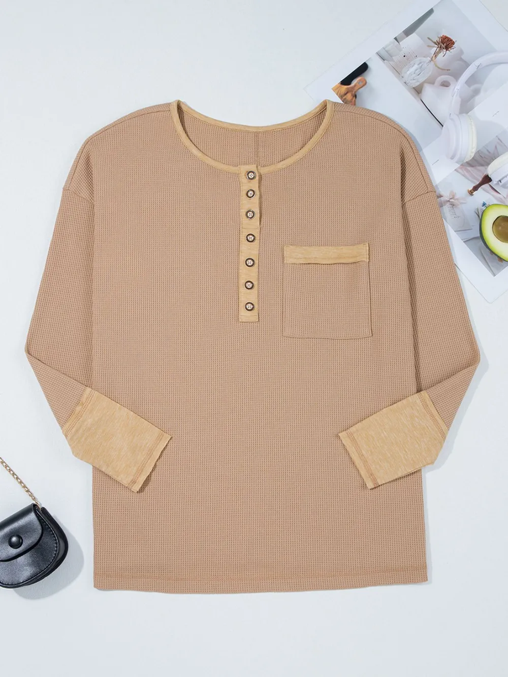 Waffle Textured Tunic Henley Top with Slits, image 5