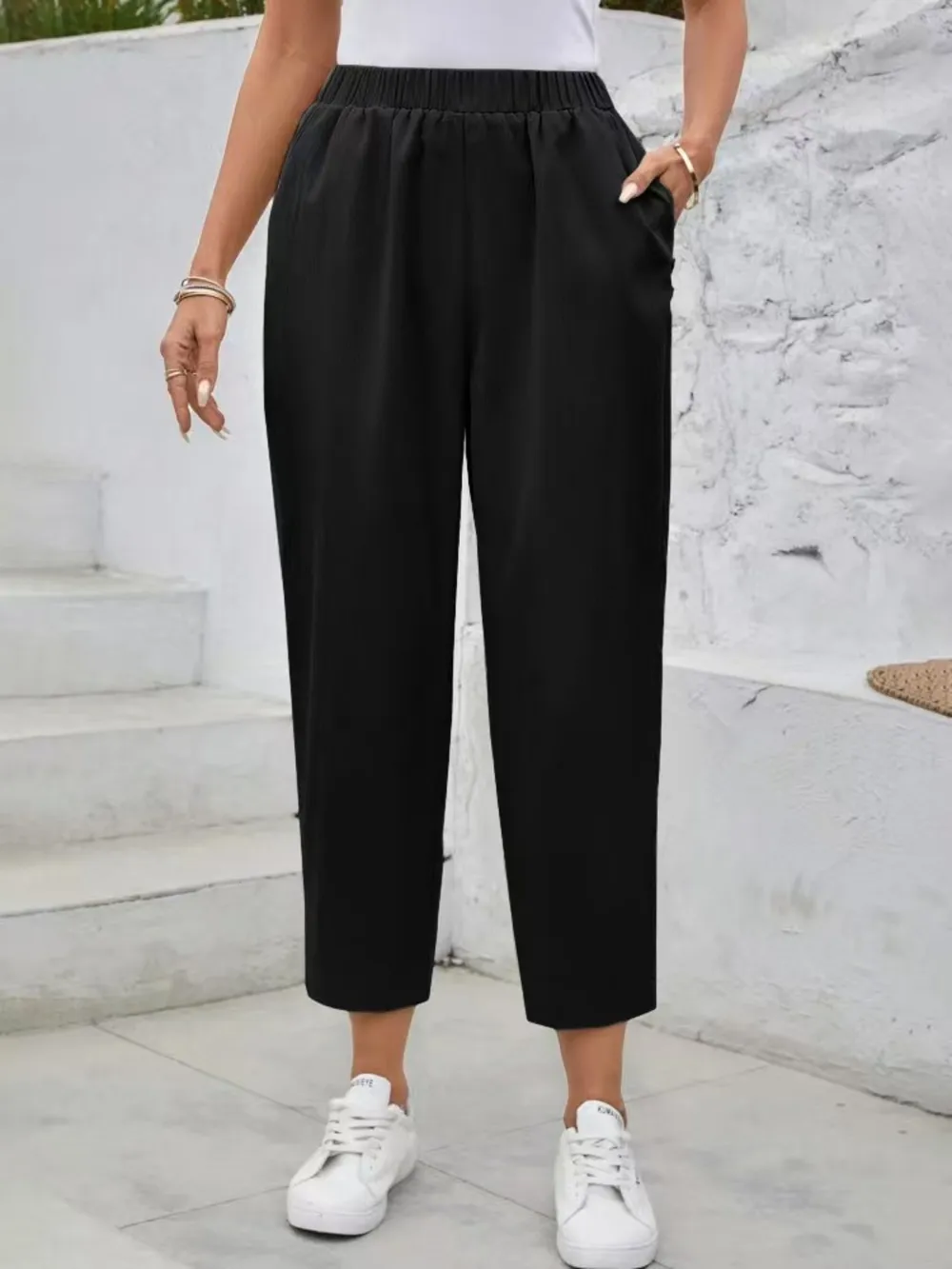 Elastic Waist High Rise Pants