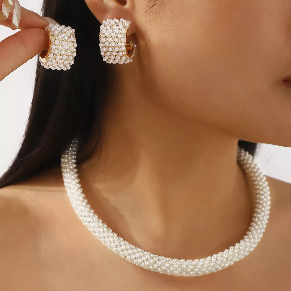 Pearl Embellished Earrings and Necklace Jewelry Set, image 8