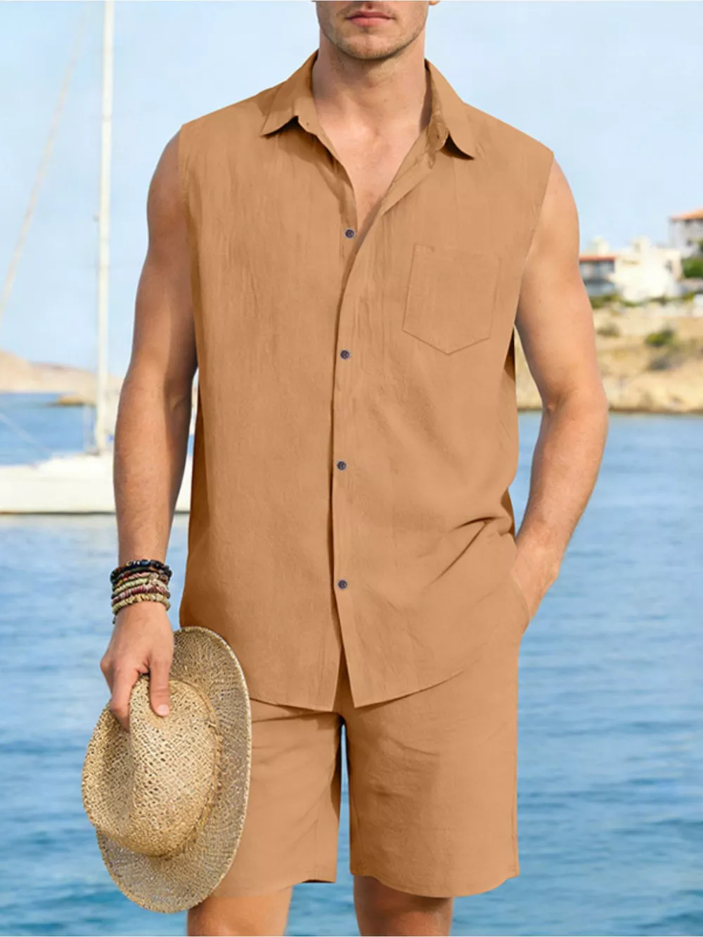 Men's Full Size Button Up Sleeveless Top and Shorts Plus Size, image 15