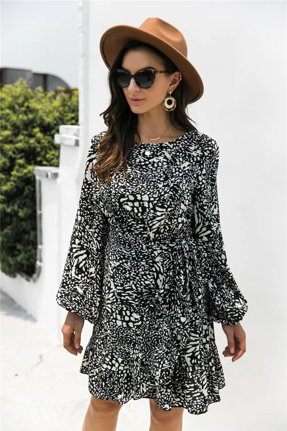 Animal Print Round Neck Balloon Sleeve Mini Dress, image 9