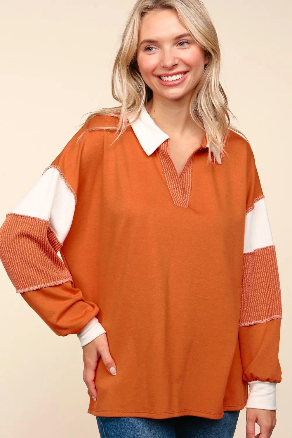Color Block Exposed Seam Long Sleeve Top, image 5