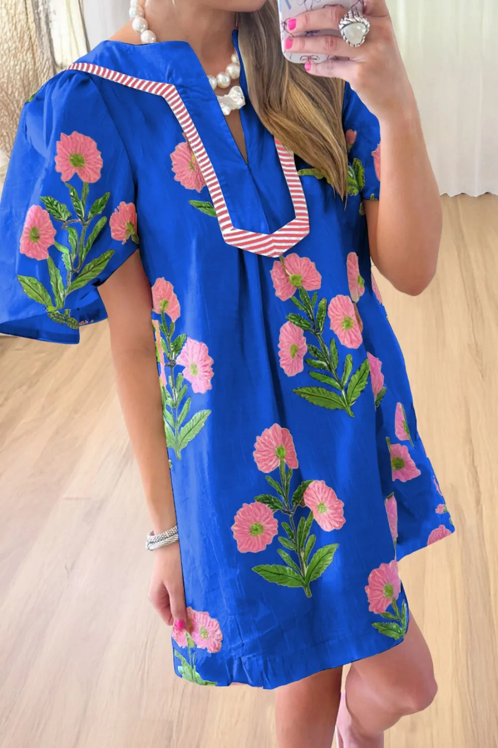 Floral Notched Summer Mini Dress with Striped Trim, image 6