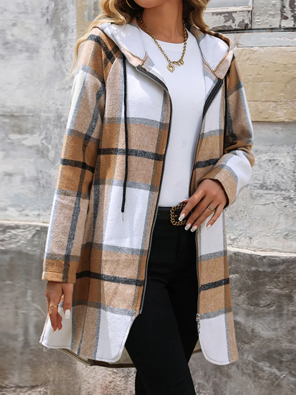 Drawstring Plaid Zip Up Long Sleeve Hooded Outerwear, image 8