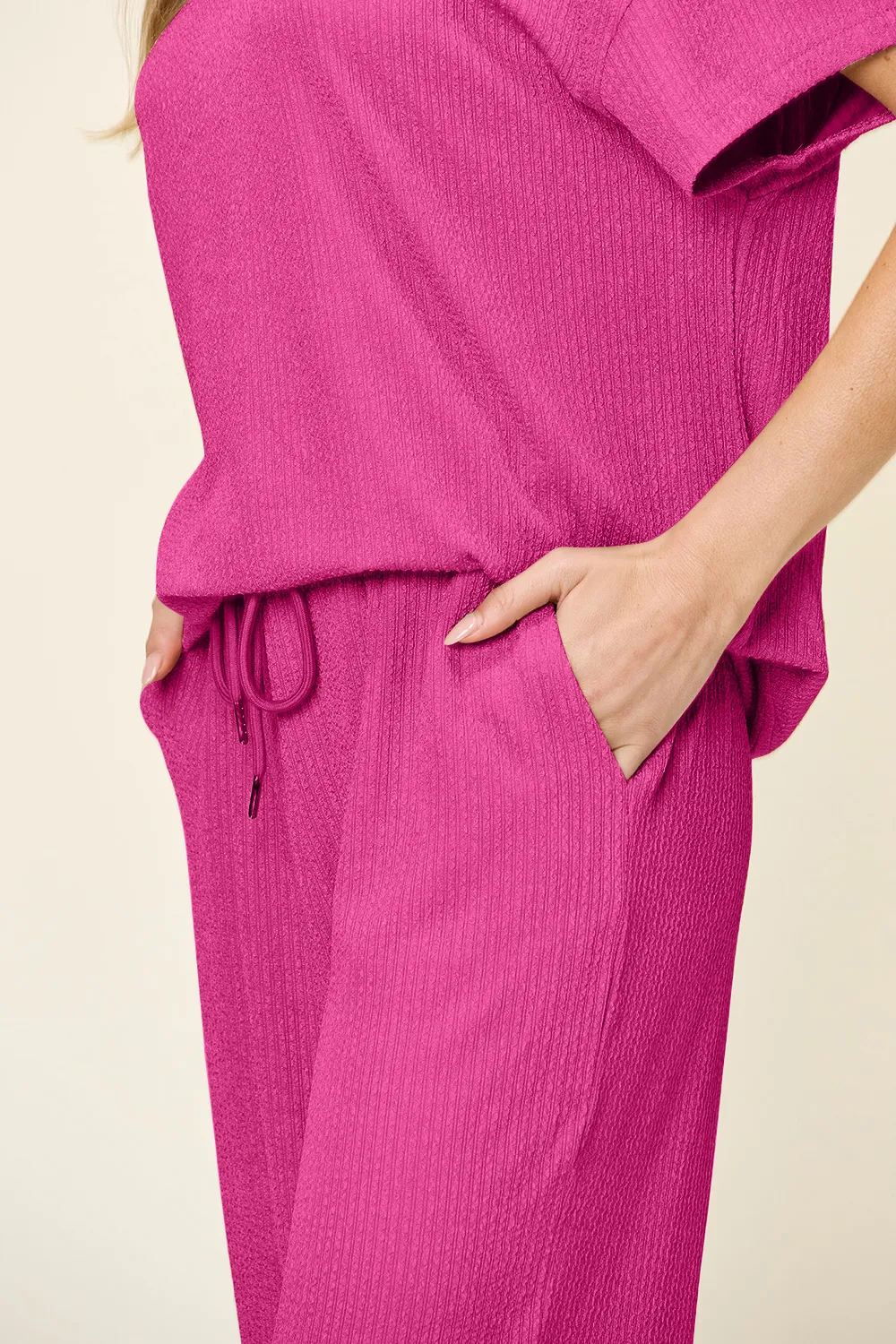 Full Size Texture Round Neck Short Sleeve T-Shirt and Wide Leg Pants, image 27