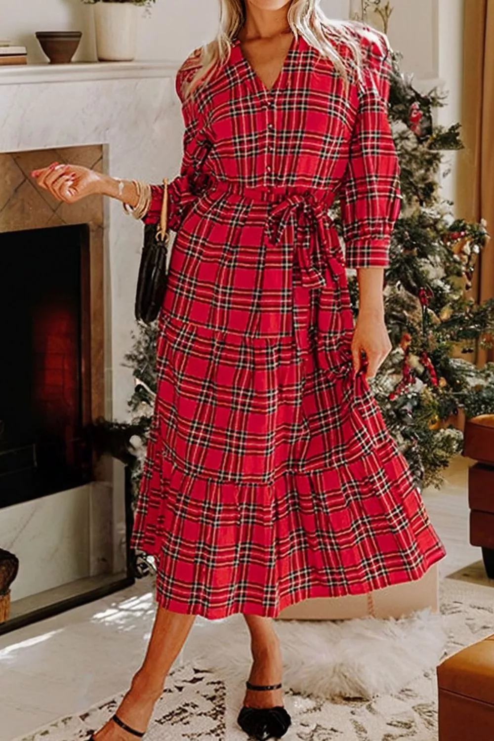 Christmas Plaid V Neck 3/4 Sleeve Tie Waist Ruffle Hem Midi Dress, image 7