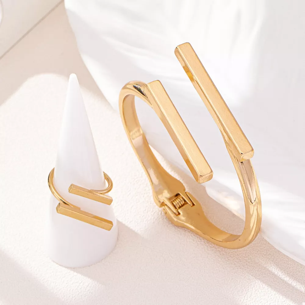 Adjustable 18K Gold-Plated Modern Bar Bracelet and Ring Jewelry Set, image 6