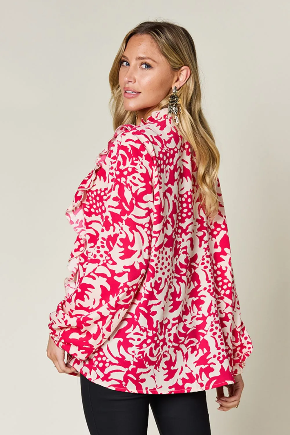 Full Size Printed Ruffle Trim Balloon Sleeve Shirt, image 21