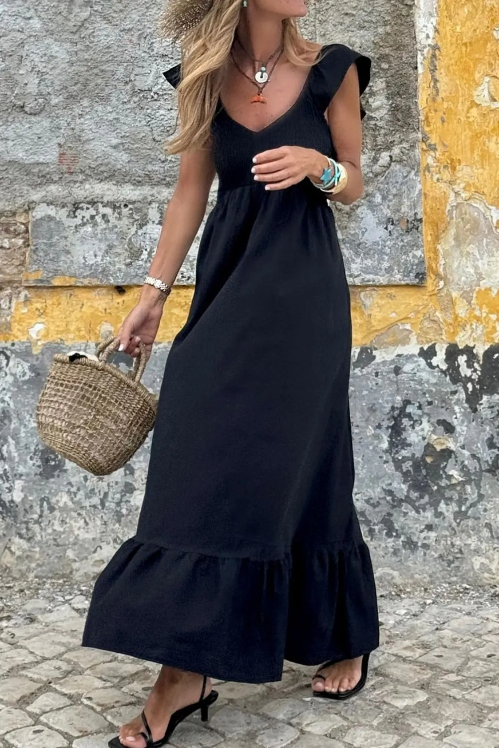 V Neck Ruffled Cap Sleeve Smocked Maxi Dress, image 12
