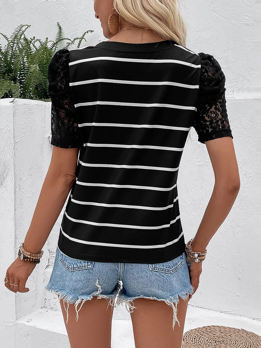Striped Lace Detail Short Sleeve T-Shirt, image 5