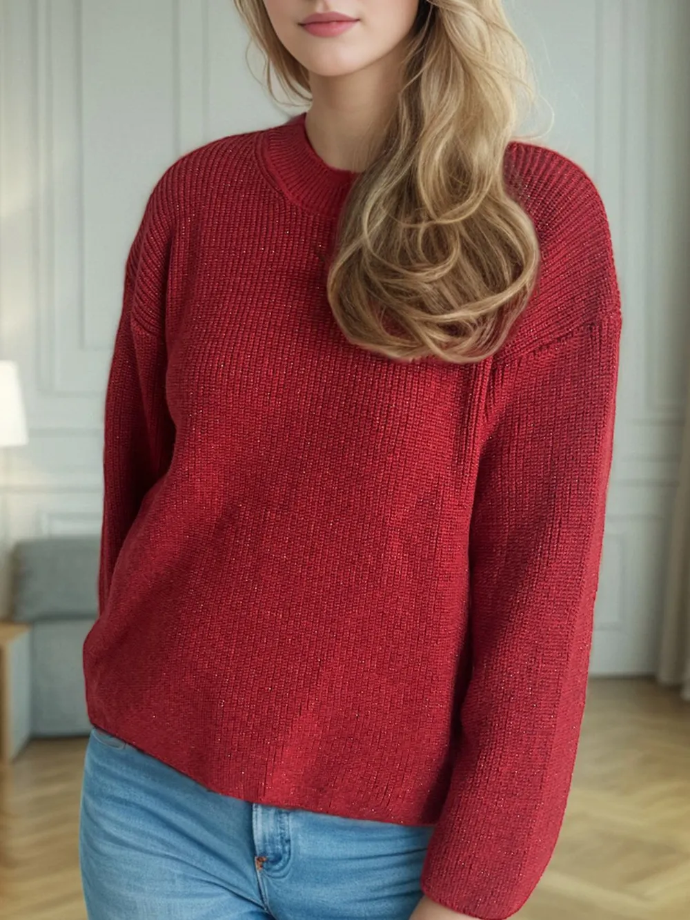 Solid Color Round Neck Long Sleeve Sweater, image 8