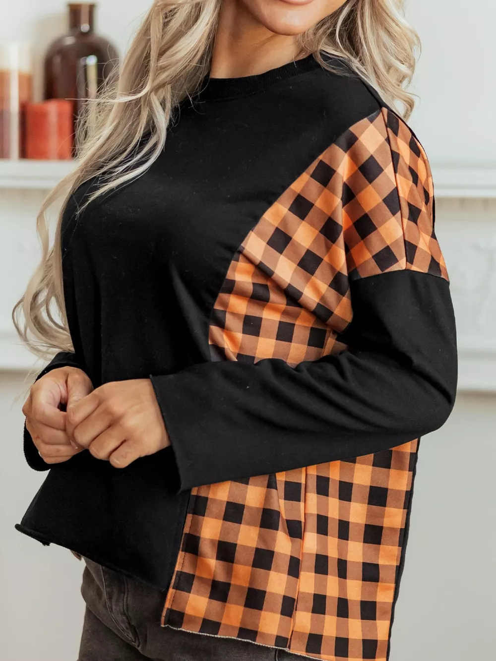 Patchwork Plaid Pumpkin Face Long Sleeve Top, image 4