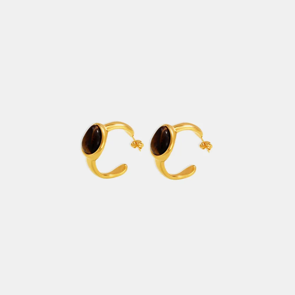 Stainless Steel Natural Tiger's Eye C-Hoop Earrings, image 4