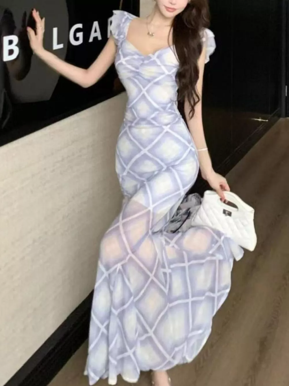 Plaid Ruffle Cap Sleeve Bodycon Maxi Dress, image 16