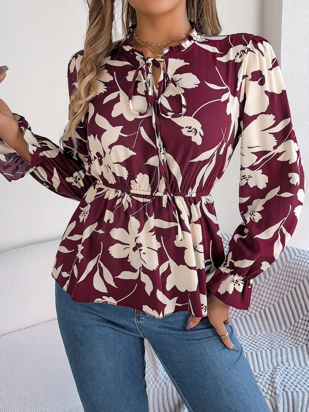 Printed Tie Neck Flounce Sleeve Blouse, image 15