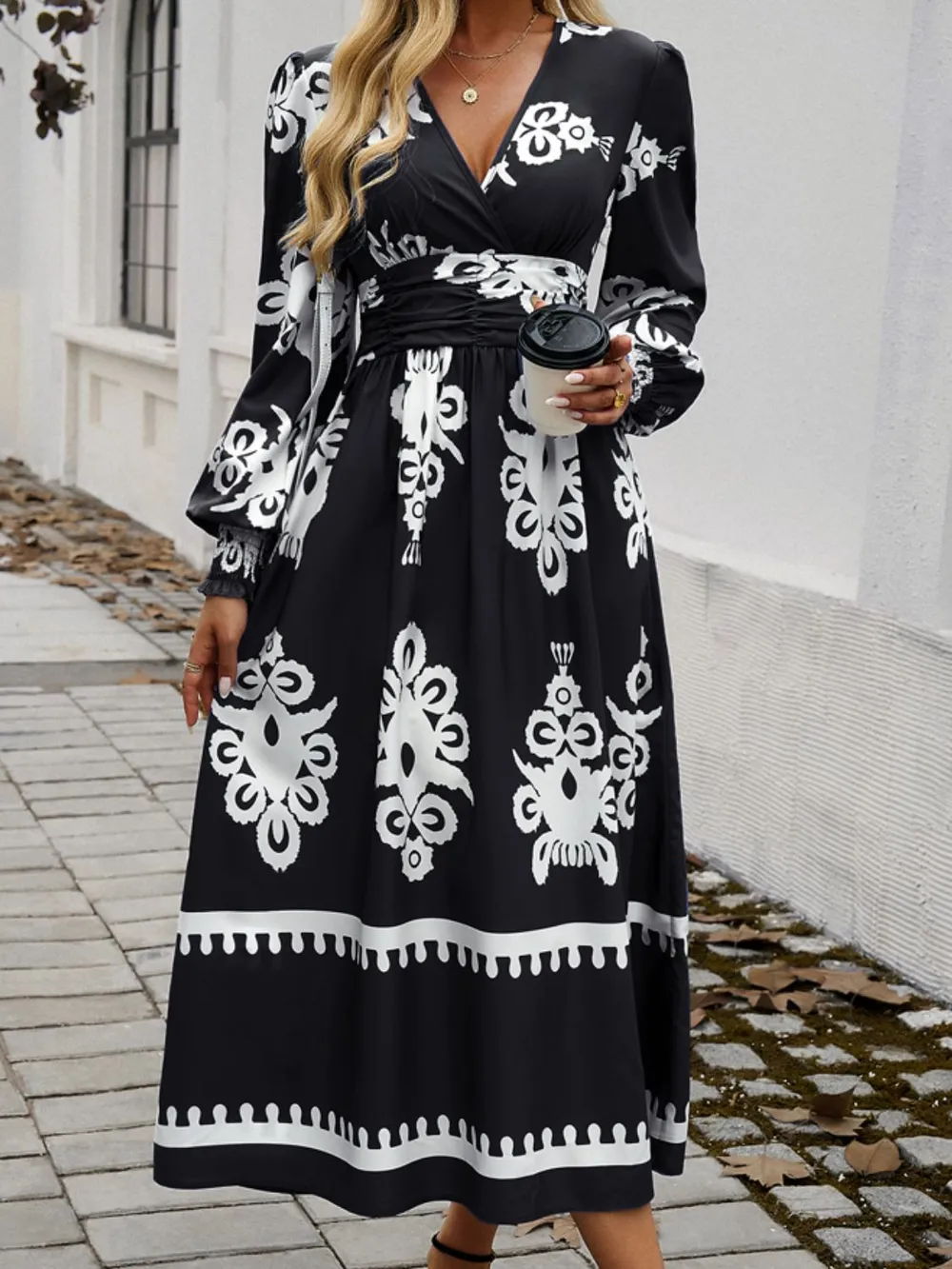 Printed Surplice Lantern Sleeve Midi Dress, image 7