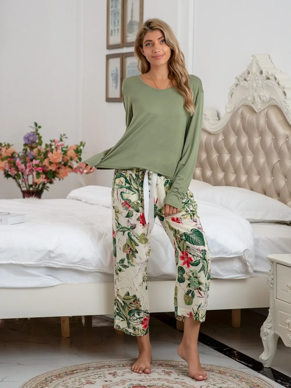Round Neck Top and Printed Pants Lounge Set, image 18