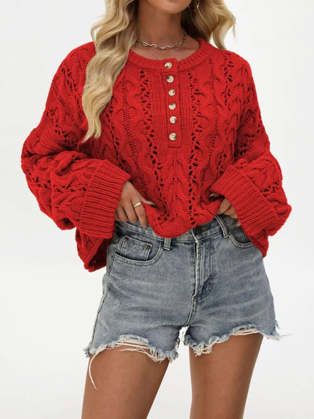 Chic Cable Knit Half-Button Openwork Sweater, image 2
