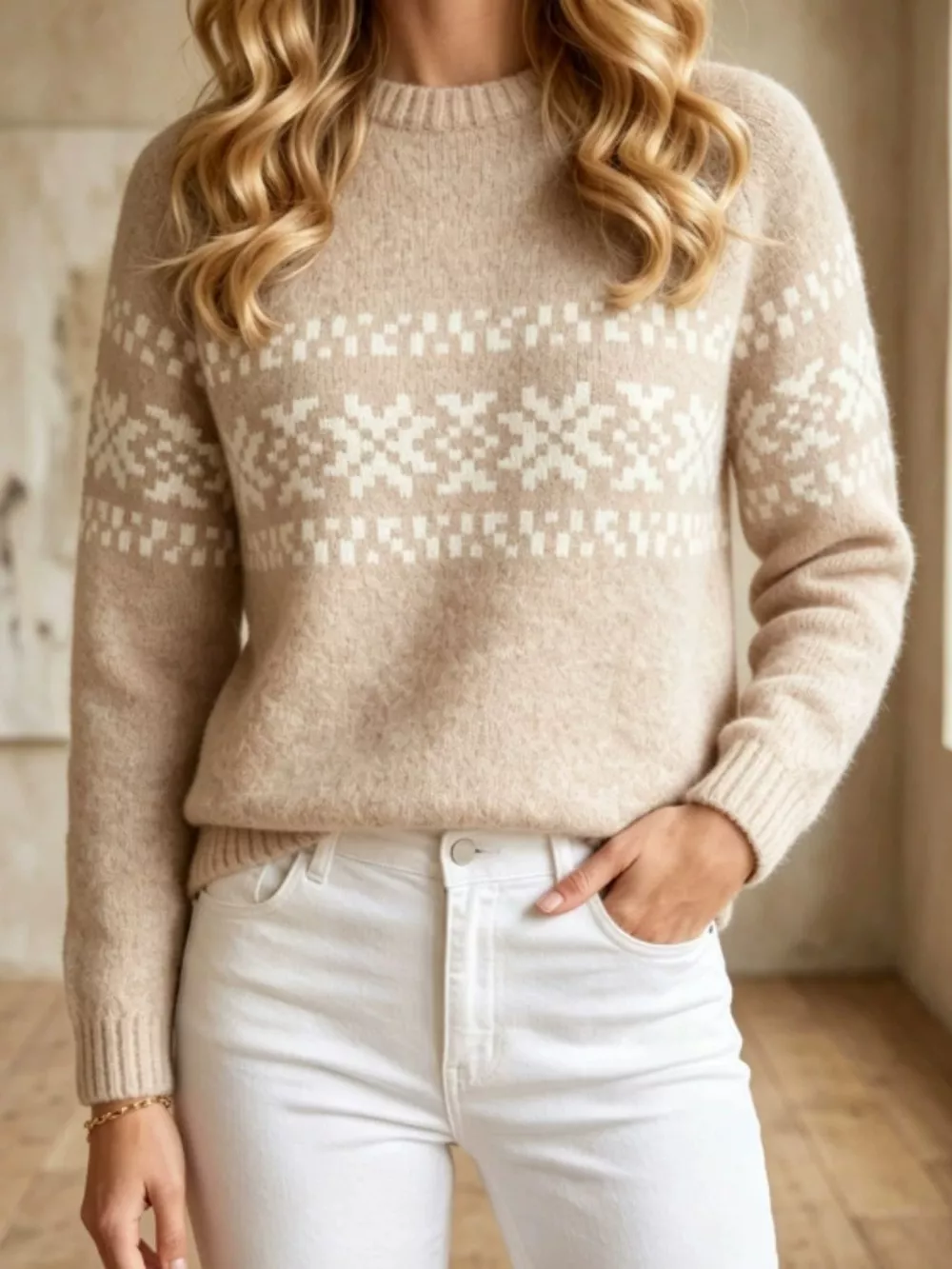 Fair Isle Pattern Crew Neck Sweater, image 5
