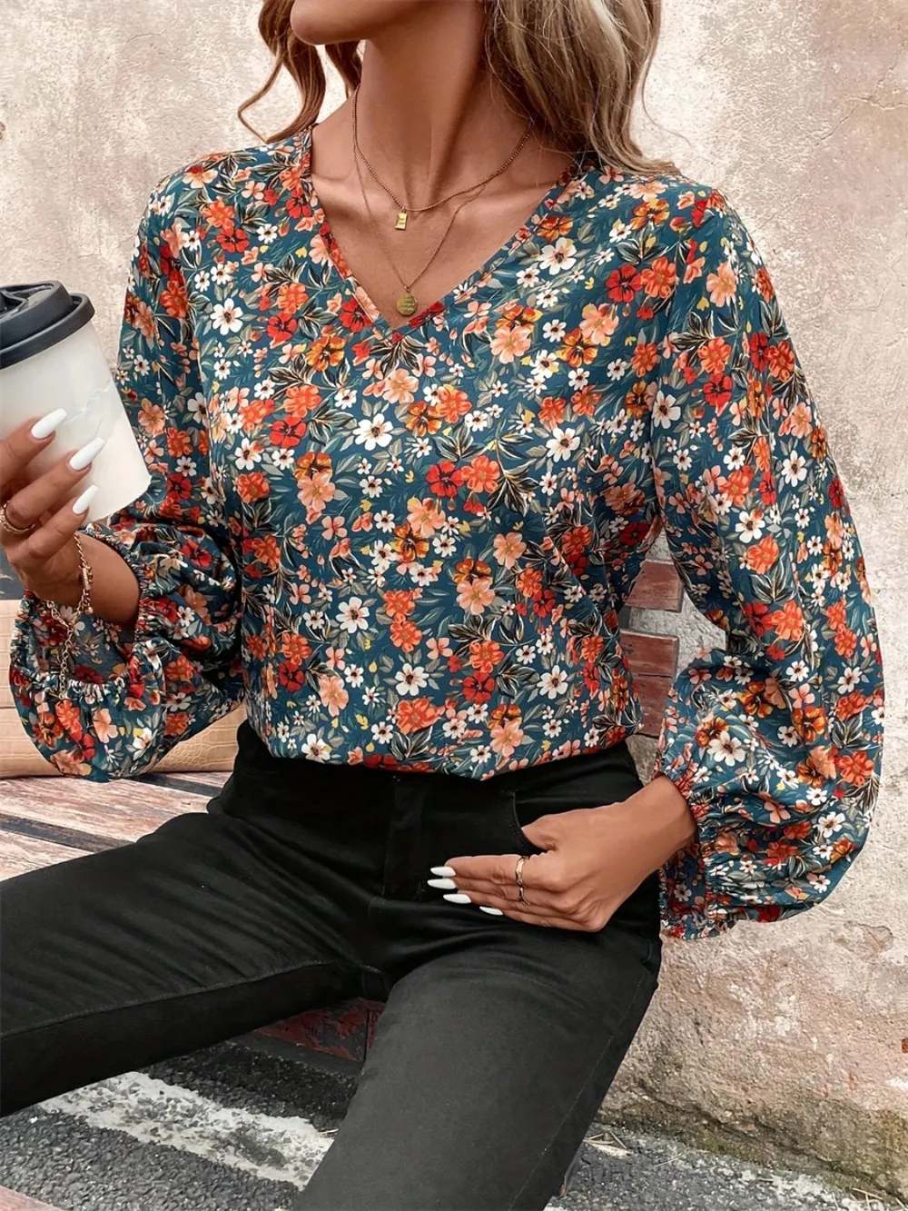 Printed V-Neck Balloon Sleeve Blouse, image 5