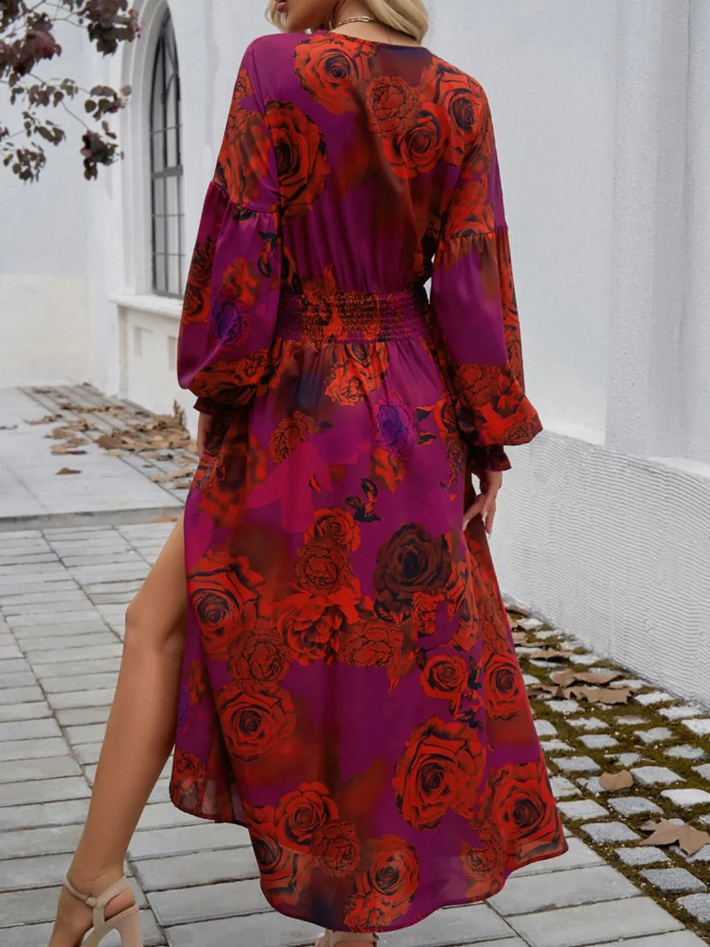 Split Printed Surplice Long Sleeve Midi Dress, image 6