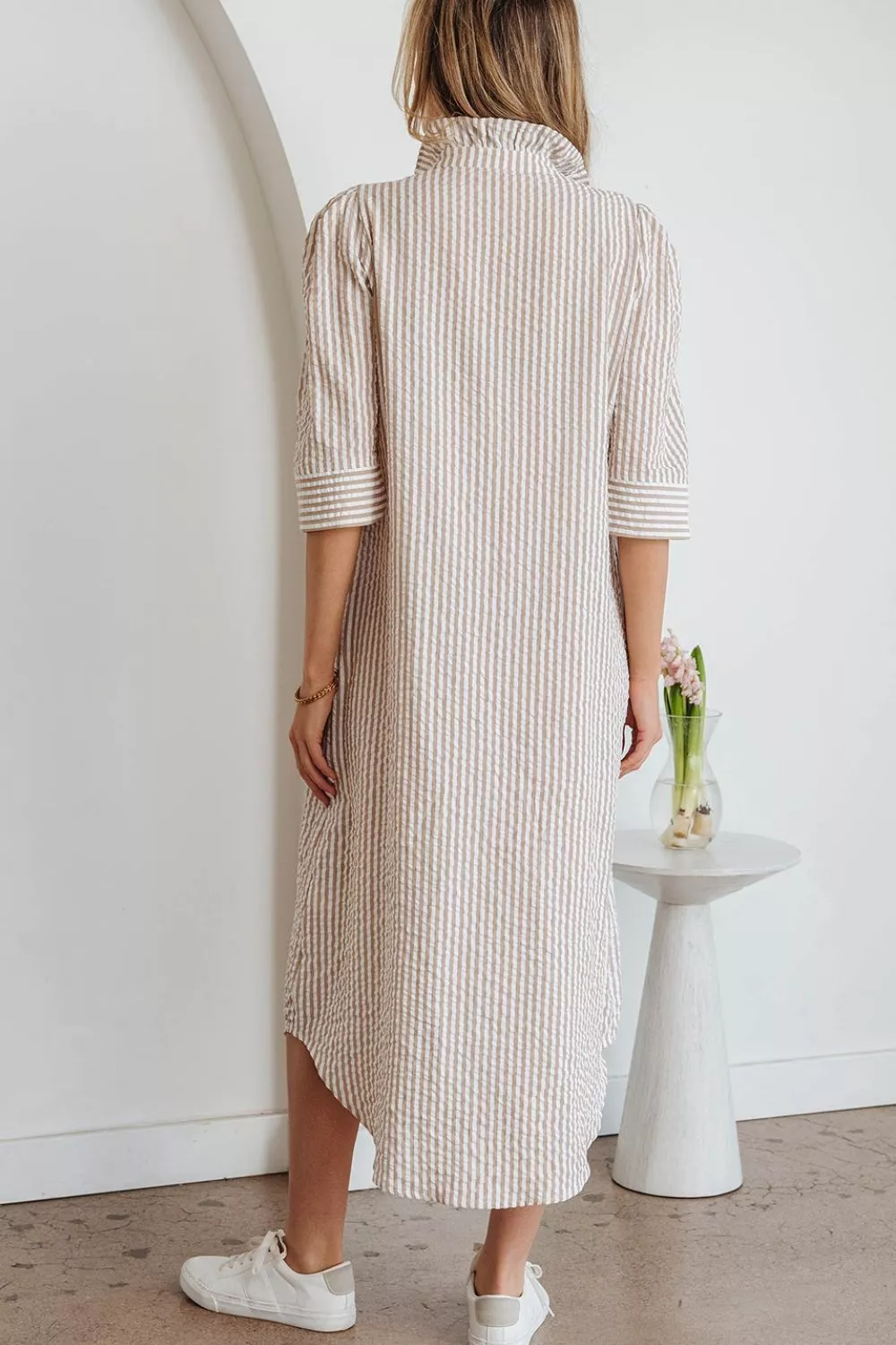Stripe Frilled Collar Half Sleeve Shirt Dress, image 3