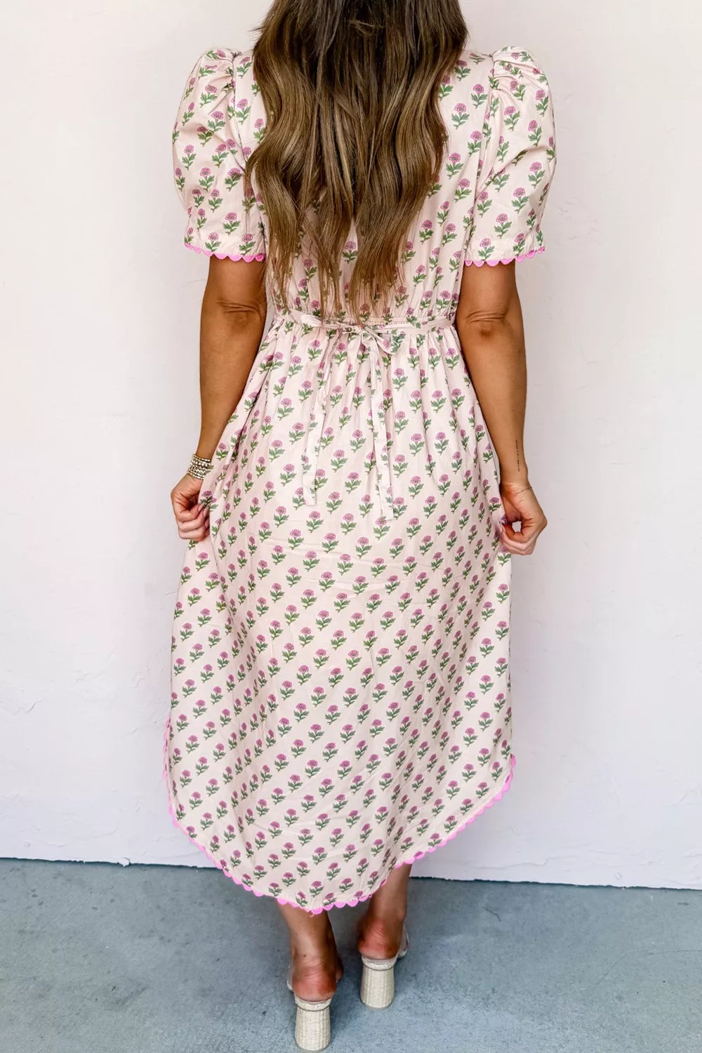 Floral Print V Neck Scallop Trim Button Front Short Sleeve Dress, image 2