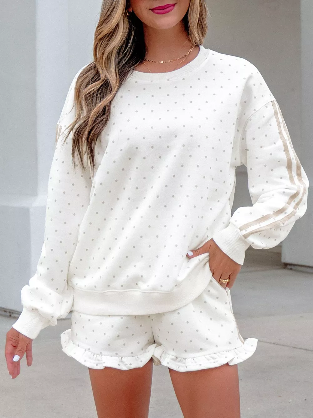 Polka Dot Long Sleeve Sweatshirt and Shorts Set, image 2