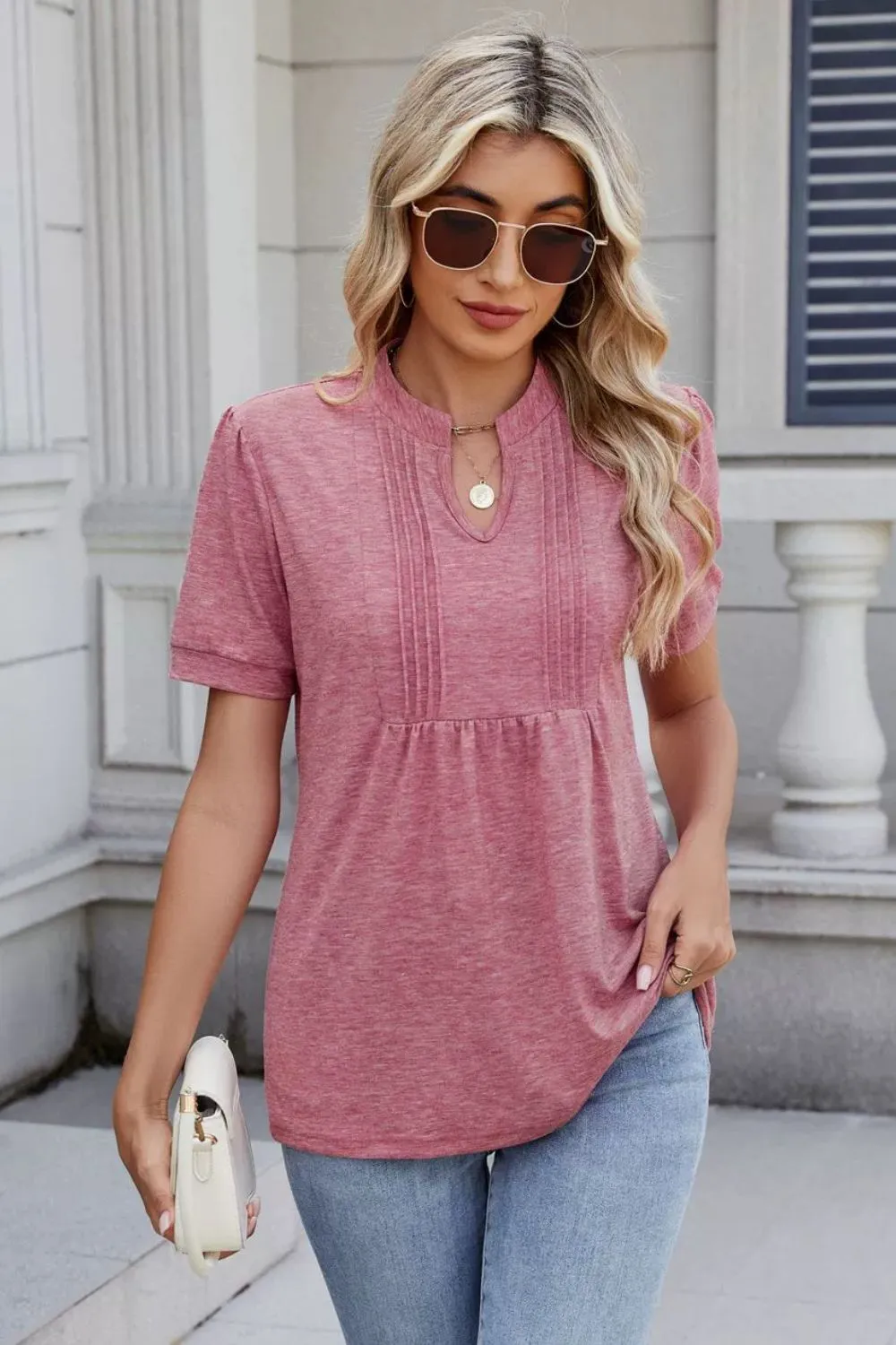 Notched Short Sleeve Solid Color Top, image 4