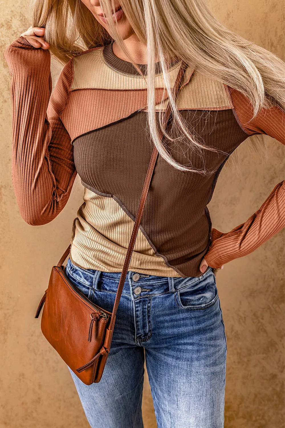 Exposed Seam Contrast Round Neck Long Sleeve T-Shirt, image 22