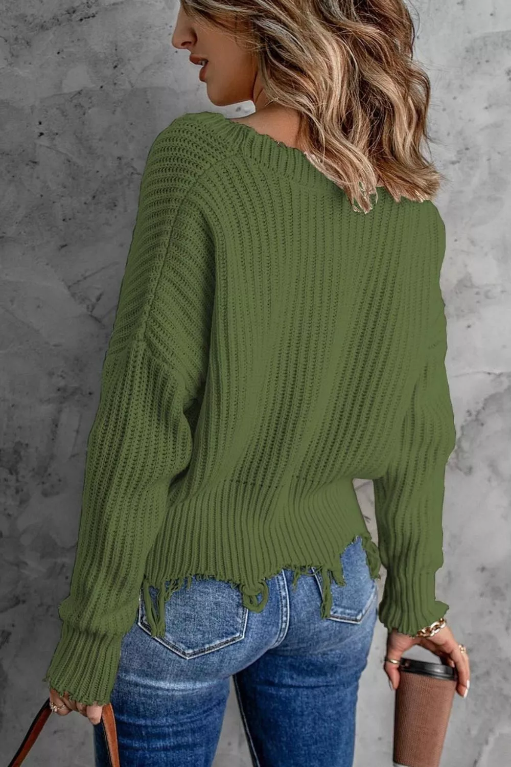 Full Size Raw Hem V-Neck Sweater Plus Size, image 4