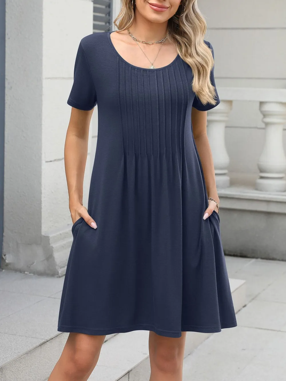 Pleated Front Round Neck Swing Dress, image 19
